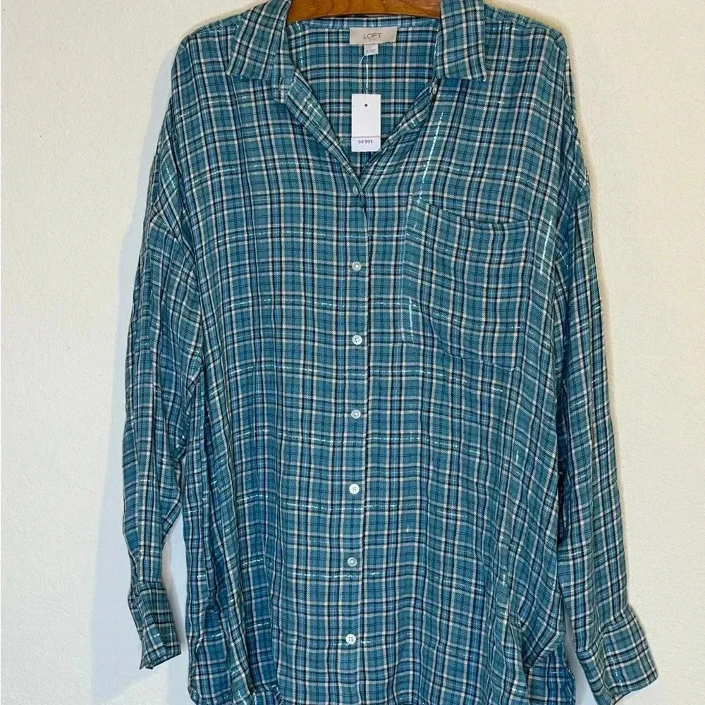 Loft  Plaid Metallic Thread Top NWT - Picture 2 of 8